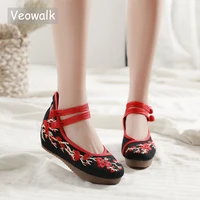 veowalk chinese style women canvas hidden platform shoes plum flower embroidered vintage ladies casual ankle strap shoes