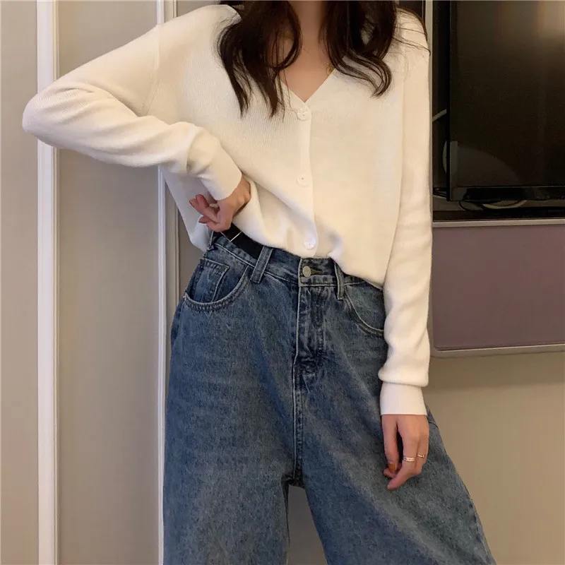 Women autumn button Front Crop Knitted Top V-neck Ribbed Knit Cardigans Crop Knitted soft sweater for women