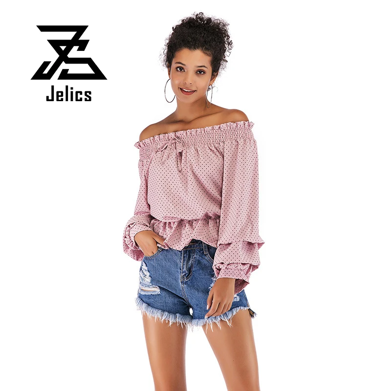 

Jelics Fashion Sexy Women Slash Neck Blouse Tops Off Shoulder Long Puff Sleeve Slim Dot Print Shirt Female Blusas