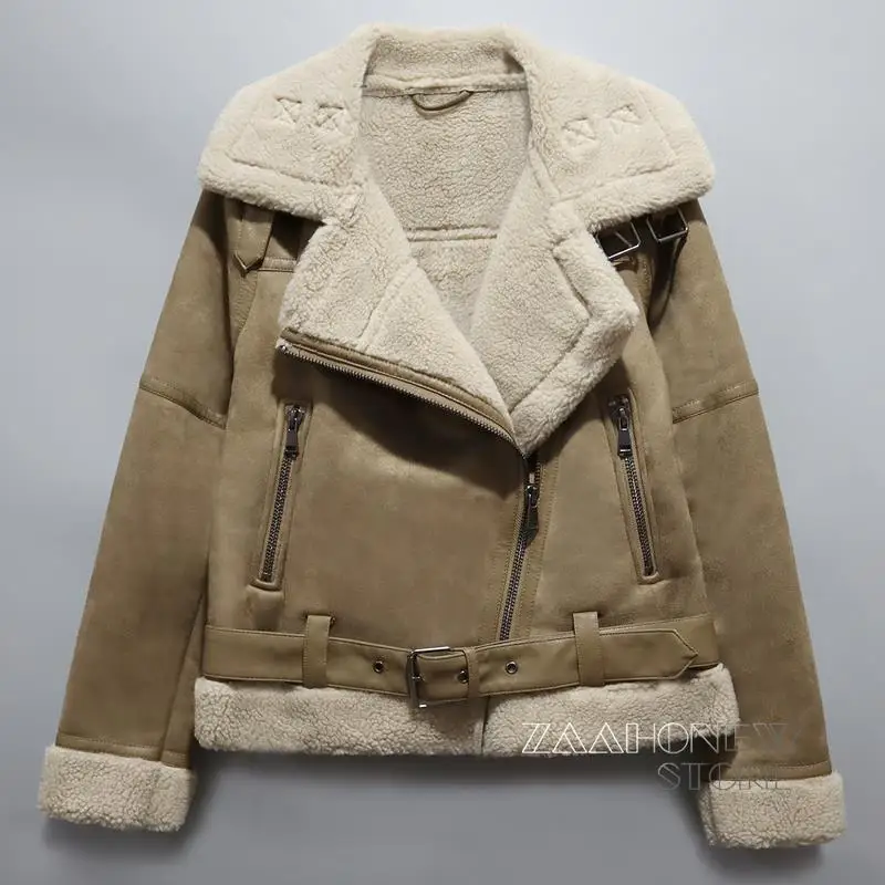 

Новинка зимы 2021, Женская Толстая Замшевая байкерская куртка ZAAHONEW из ягненка, повседневное Черное короткое пальто из искусственной кожи, жен...