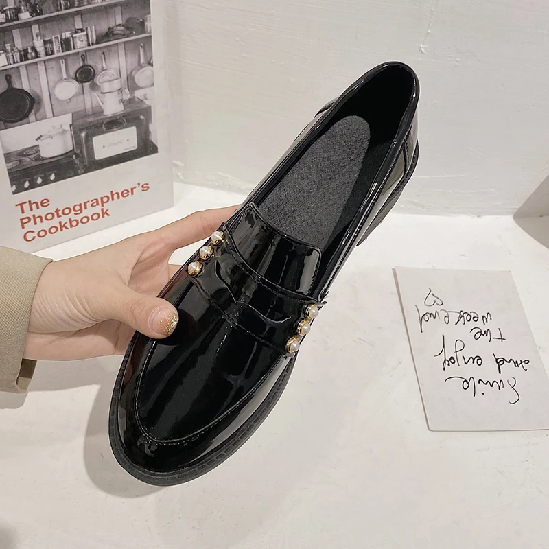 

Women Black Leather Shoes 2021 Spring Summer Casual Women Single Shoes Slip-on Vintage Loafers Fashion Platform Oxfords Shoes