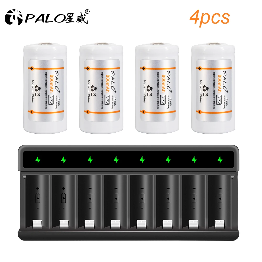 CR123 CR123A Li-ion 16340 Battery Rechargeable Batteries + 8 Slots Charger for Laser Pen LED Flashlight Arlo Security Camera L70