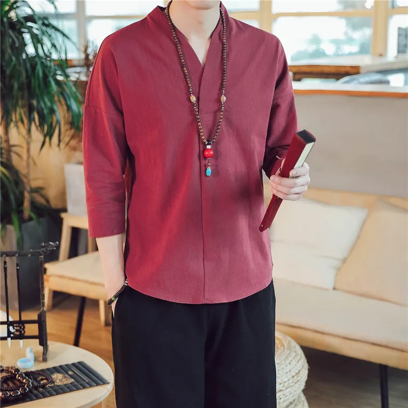 

Summer Men's three quarter sleeve Cotton Linen Shirts,M-8XL plus size black white Chinese style vintage blouse camisa masculina