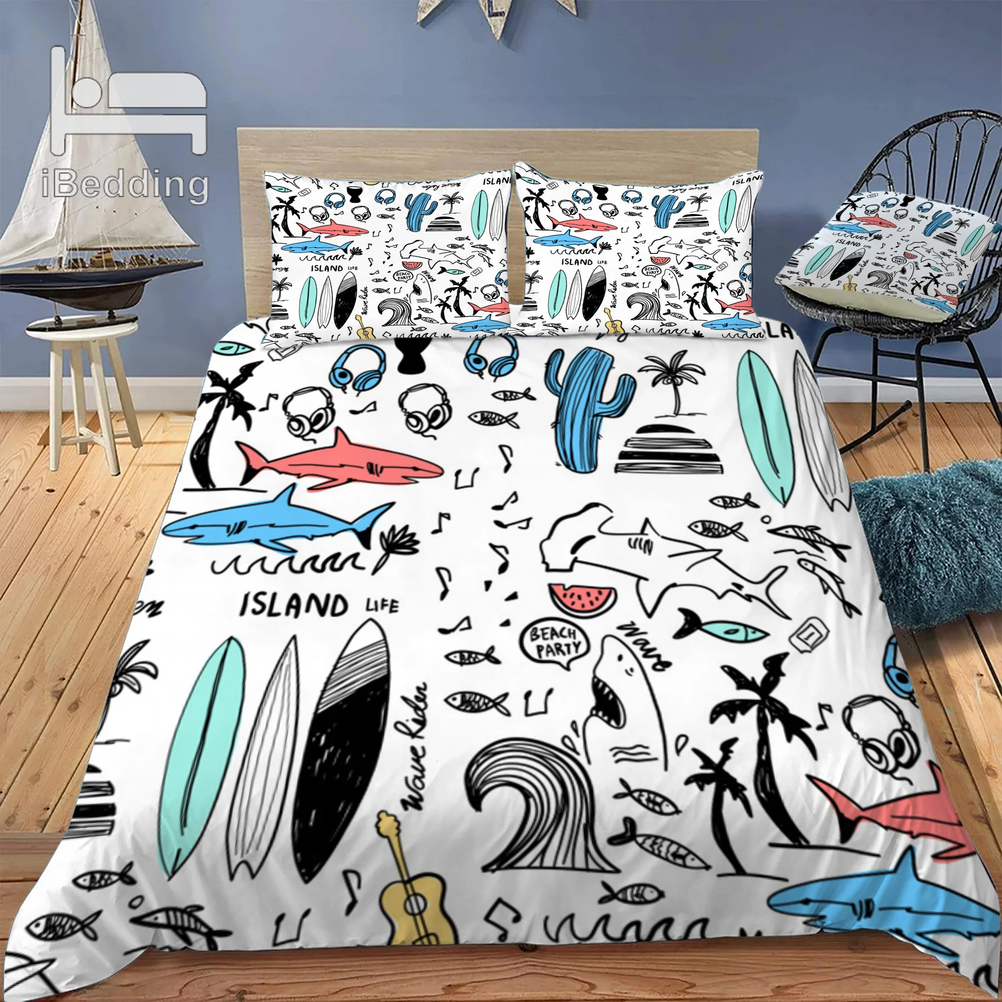 Набор постельного белья для серфинга с рисунком акулы гитары | Дом и сад
