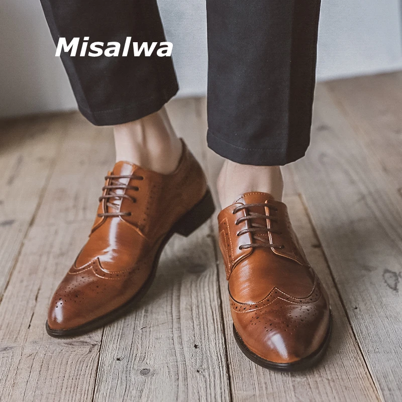 

Misalwa Carved Pointy Men Business Shoes PU Leather Brogue Wedding Shoes Plus Size 38 45 Elegant Party Suit Dress Shoes Men