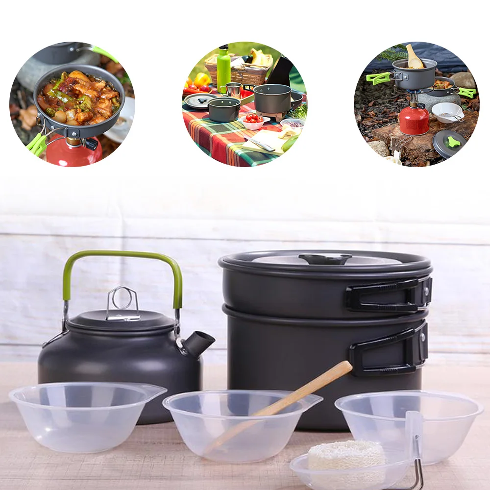 

1-2 persons portable outdoor camping cookware hiking picnic teapot pot set non-stick tableware picnic bowl pot set/11 pieces