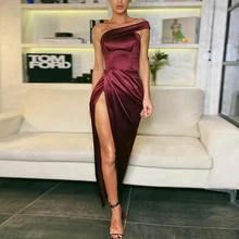 Robe de Cocktail en Satin Style Simple, asymétrique épaule dénudée, fente haute, longueur cheville, robes de soirée formelles, robes pour occasions spéciales  (4)