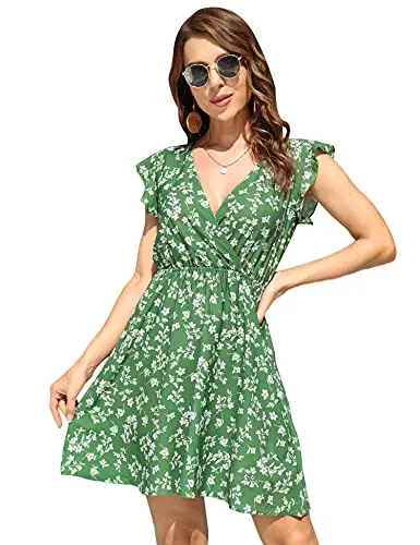 

Женское короткое платье с запахом, V-образным вырезом и цветочным принтом