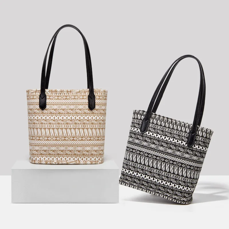 

GZM Women's Shoulder Bag Retro Bucket Bag Ethnic Style Printed Canvas Packet Large Capacity Shoulder Bags Fashion Simple Handbag