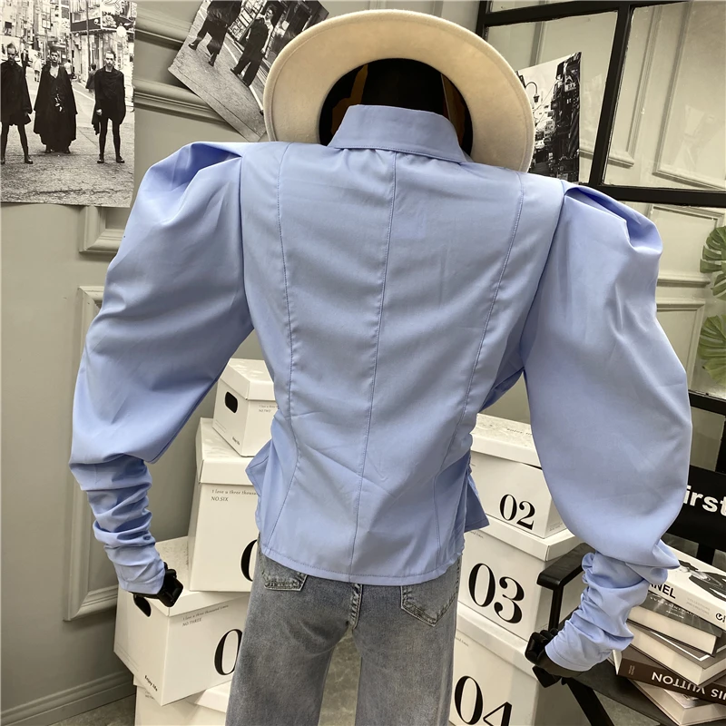 

2021 Spring Blouse Sexy Hollow Out Midriff Outfit Lapel Shirt Women's Oblique Button Puff Sleeve Slimming Short Shirts Girls Top