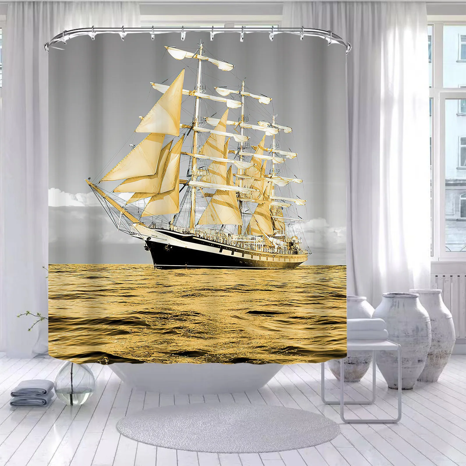 

Nordic Sea Sailing Boat Shower Curtain Waterproof Polyester Curtain Bathroom Home Decoration Toilet Accessories