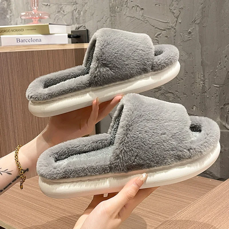 

Winter Women's Thick-bottomed Fur Furry Soft Platform Shoes Indoor House Warm Cotton Slippers for Home