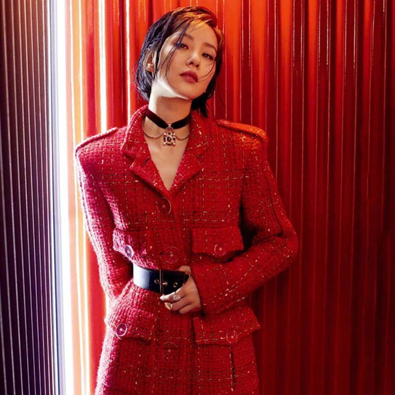 2021 autumn Winter vintage Women Vintage Plaid Tweed Coats Belt Slim Long Outerwear Military Style Red Woolen Coat Abrigos | Женская