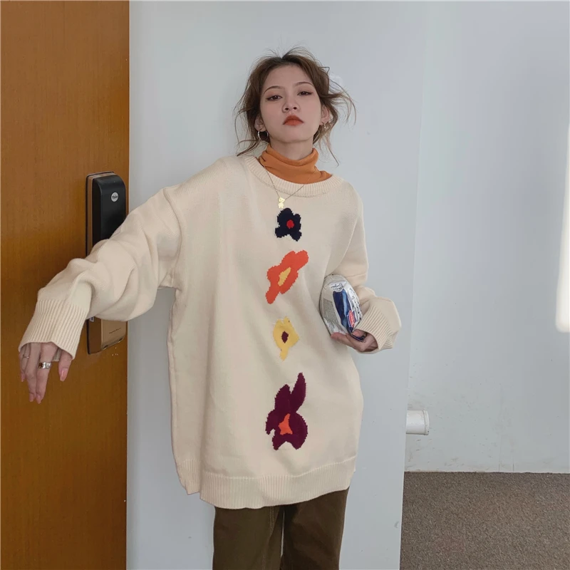 

Korean Clothes Loose Sweet Style Floral Sweater Autumn Winter Women's Clothing Oversize Knitted Pullovers New Fashion Brand