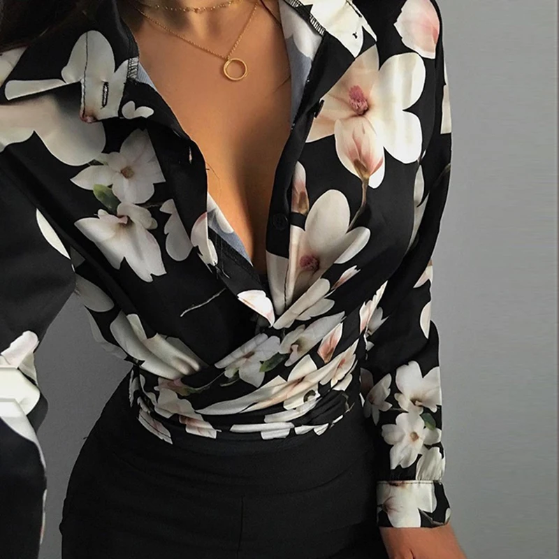 

Long Sleeve Top Woman Lapel Elegant Slim Blouse Vintage Pattern Printed Casual Shirt Autumn Office Femme Style Streetwear блузка
