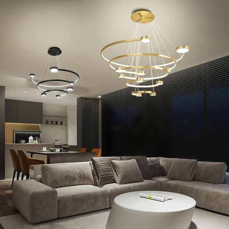 

LED Circle Rings Modern Pendant Light Lustre Black&Gold Lamp Indoor Home Living Dining Room Kitchen Decoration Foyer Luminaire