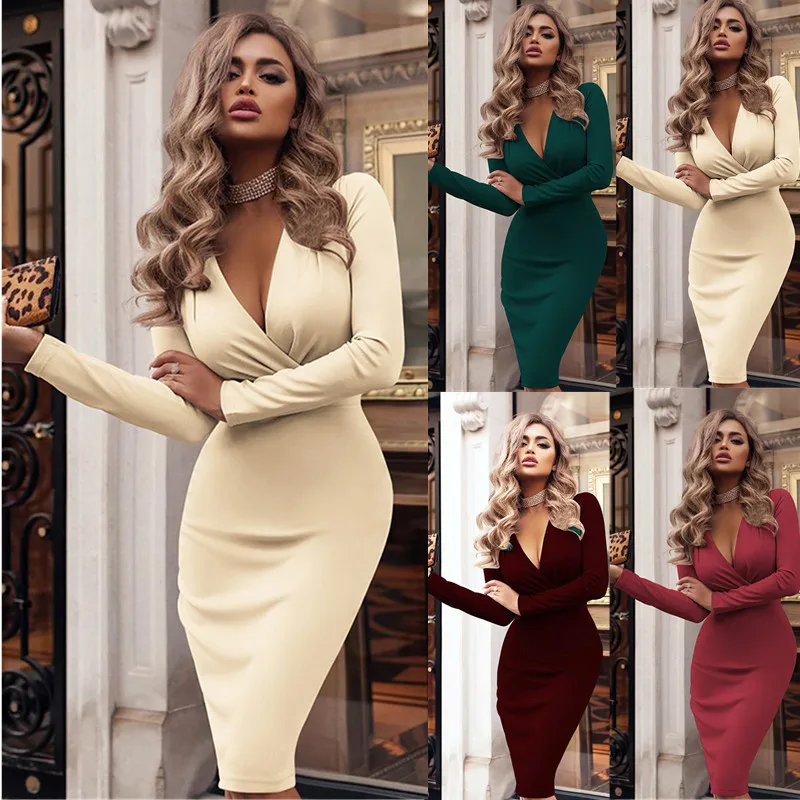 

autumn & winter sexy office lady pencil dress women deep v neck long sleeved robe empire solid pullovers fashion folds vestidos