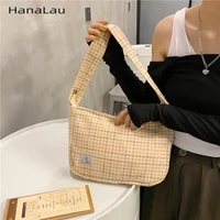 woolen plaid shoulder bag for women vintage ladies small handbags winter fashion female baguette underarm bag clutch purse