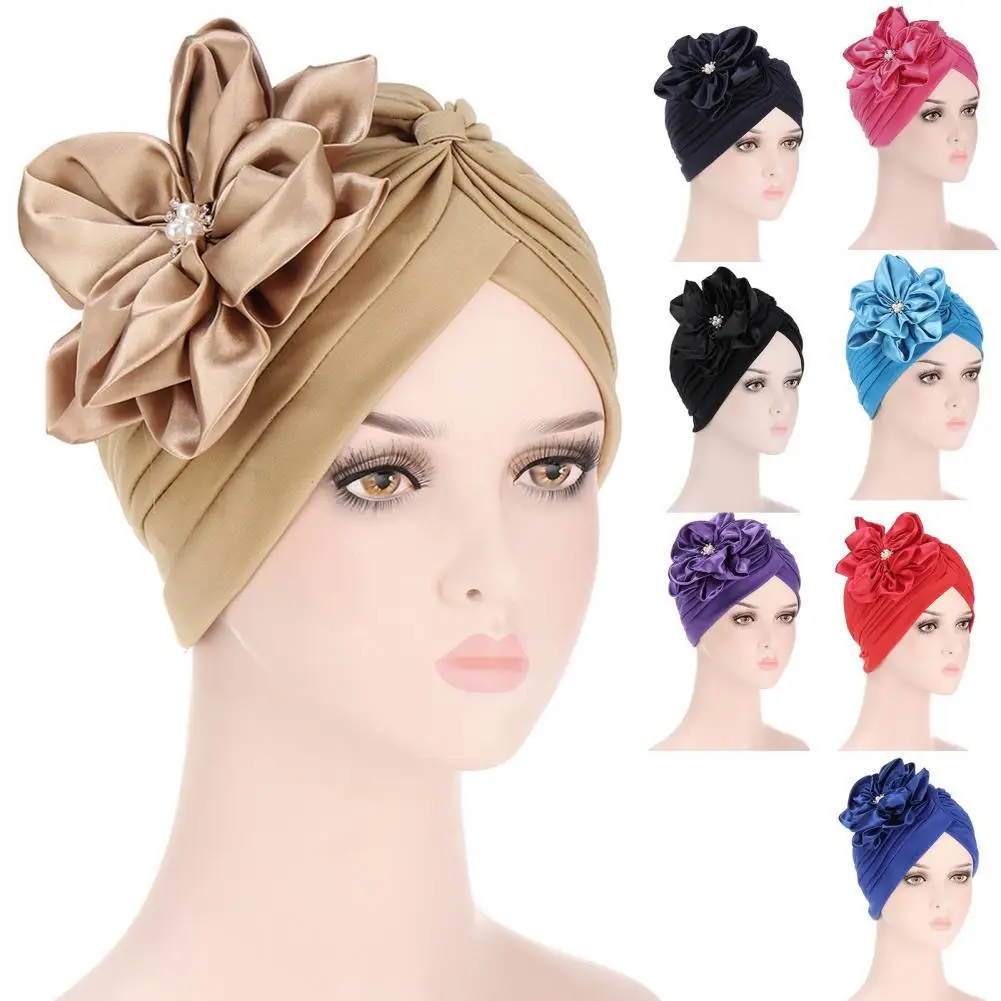 

Solid Color Flower Decor Headscarf Cap Women Knot Ruched Head Wrap Hair Accessories Head Wrap