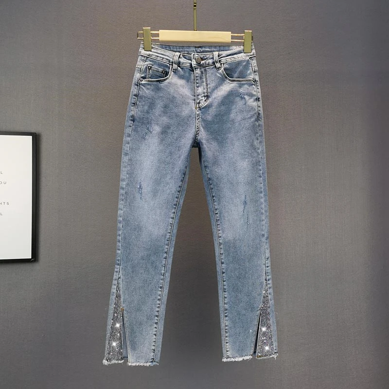 

Jeans for Women 2021 Spring Summer New High Waist Slim Cropped Straight Pants Hot Drilling Washed Vintage Denim Jean Blue Pants