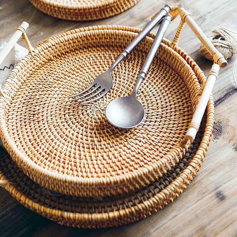 

Hand-Woven Round Rattan Tray Fruit Snacks Storage Basket Organizer With Handle Autumn Woven Storage Tray Snack Fruit Tray