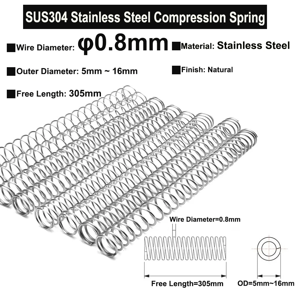 

2Pcs Wire Diameter φ0.8mm SUS304 Stainless Steel Compression Spring Free Length 305mm OD 5mm ~ 16mm Ultra Long Pressure Spring