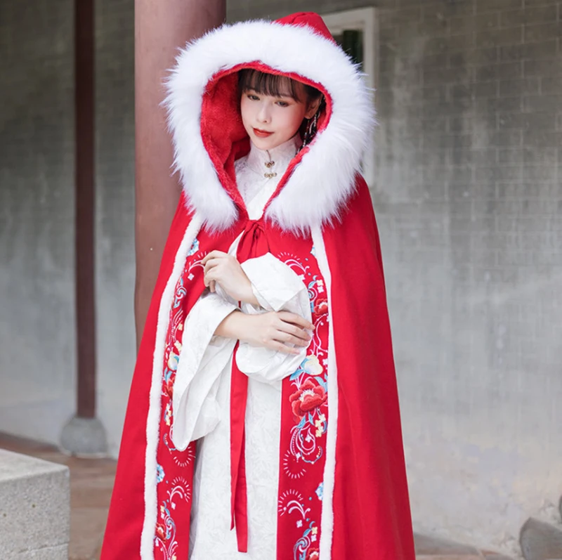 

Red Hanfu Cloak Women Chinese Traditional Embroidery Velvet Winter Hanfu Cloak Female Cosplay Costume Hanfu Cloak For Women