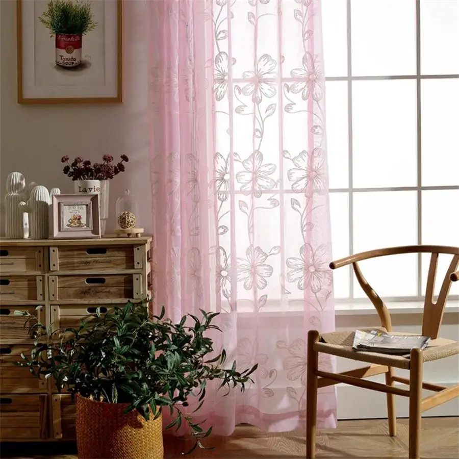 Шторы из прозрачного тюля с цветочной вышивкой для гостиной девушек розовые