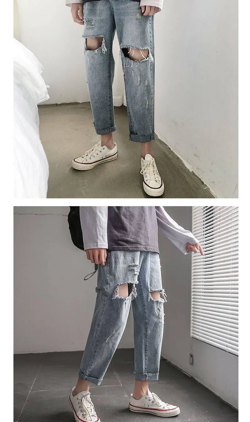 

2020New Men Jeans Hole Ripped Stretch Destroyed Hip Hop Jean Homme Masculino Fashion Korean Men's Jean Slim Jeans For Male Pants