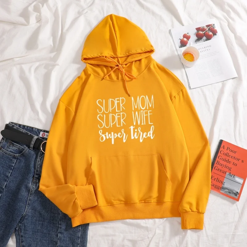 

New 2020 SUPER MOM SUPER WIFE Funny Letter Print Lady Hoodies Pure Color Long Sleeve women autumn sweatershirt