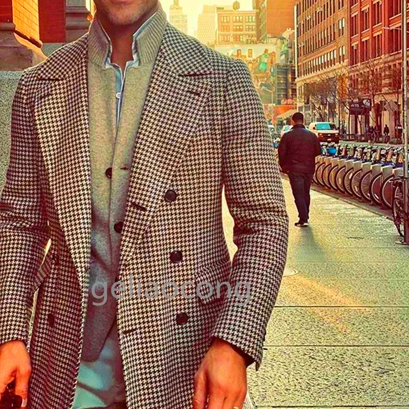 

Newest Brown Houndstooth Men Coat Casual Double Breasted Men Suits Groom Tuxedos Custom Made Fit Slim Blazer Men Long Suits
