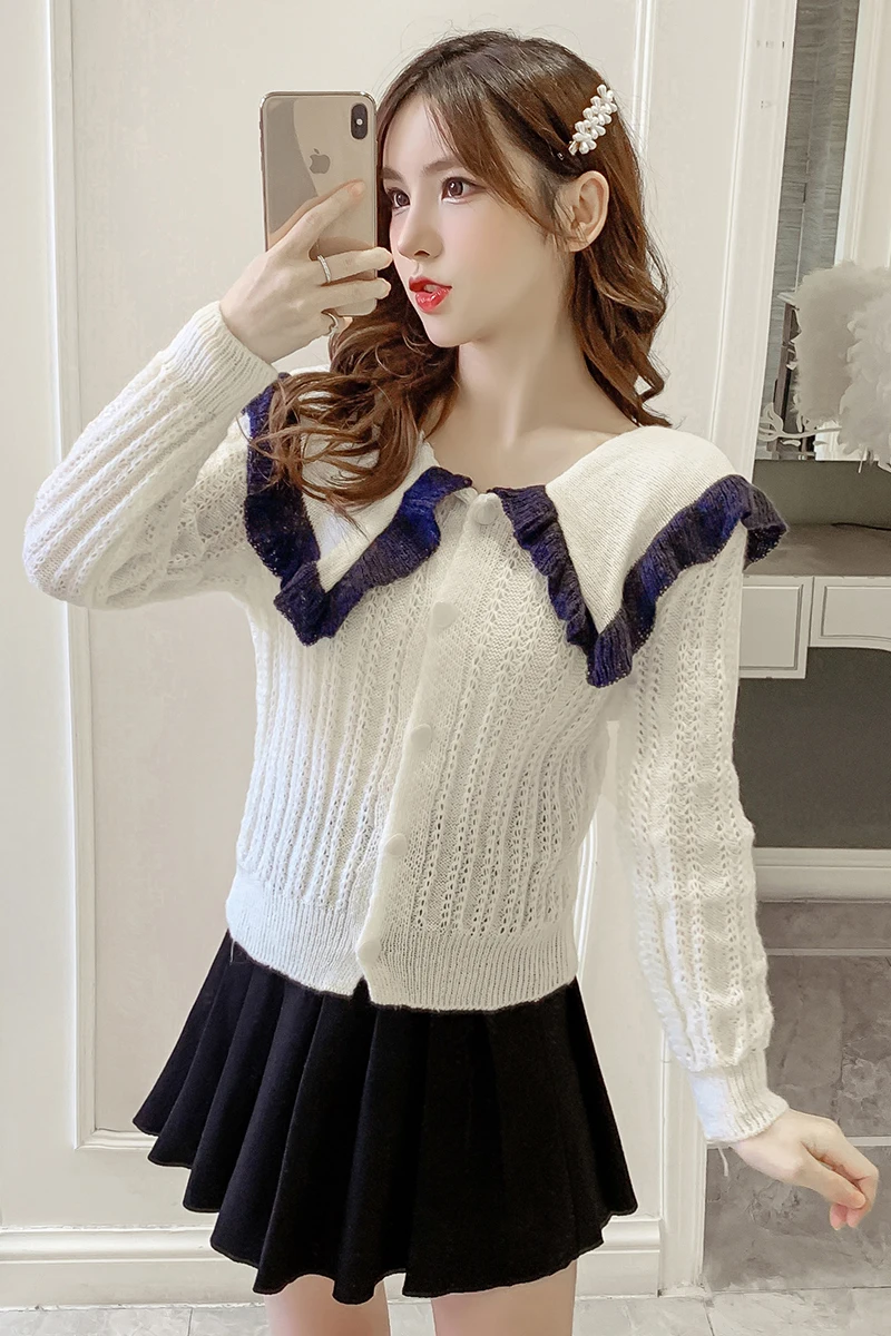 

COIGARSAM Fashion Knitting Shirt Womens tops New Peter pan Collar Women shirts Purple Apricot 1622