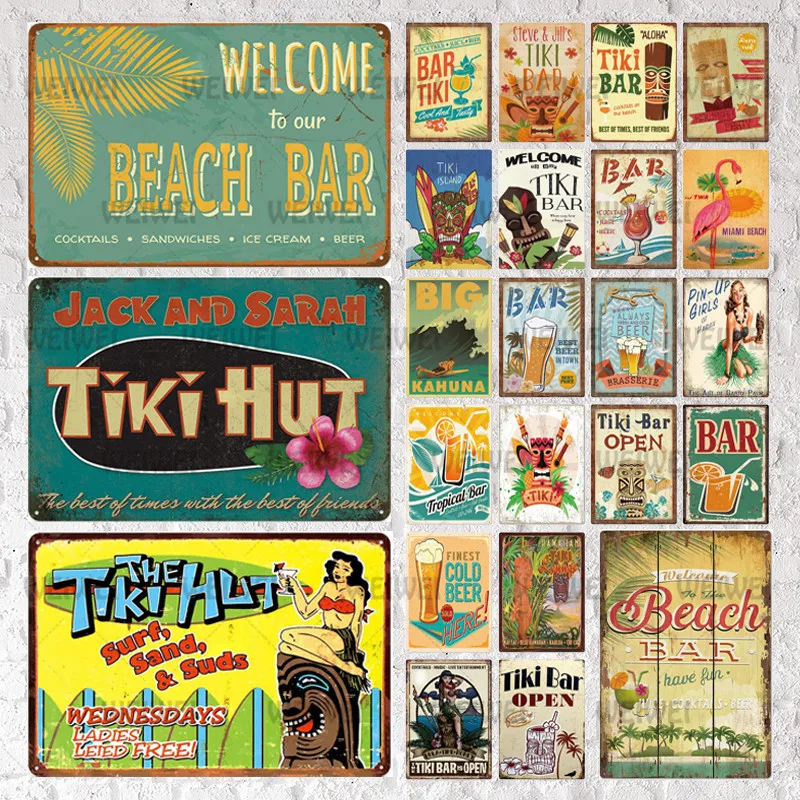 

Tiki Bar Wall Decor Metal Sign Plaque Metal Summer Tiki Sign Metal Plate for Tiki Bar Beach Bar Decorative Iron Painting