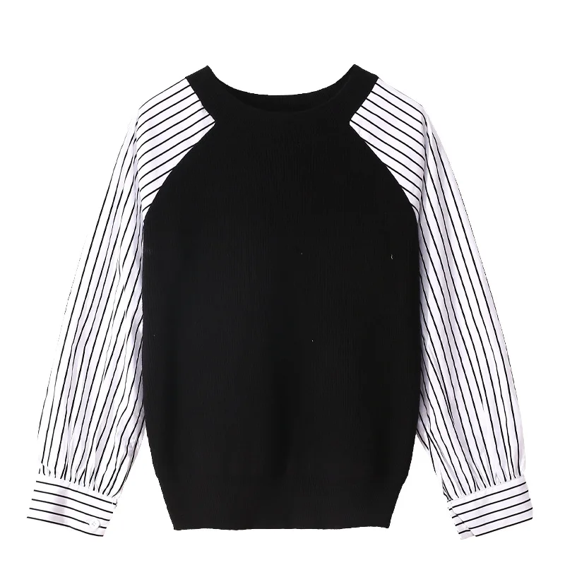 

High Quality Women Tops Sweaters Stripe Contrast Patchwork Long Sleeve O-neck Knitted Pullover Casual Knit Sweater Femmes Jumper