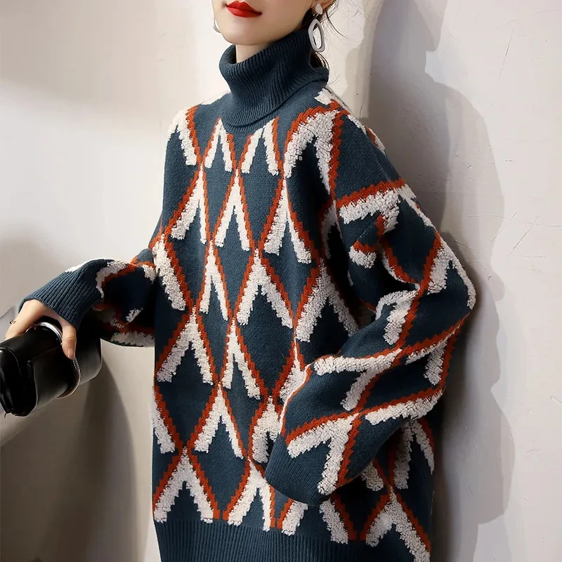 

Turtleneck sweater women loose outerwear casual autumn winter thicken long sleeve diamond jacquard pullover vintage clothes size