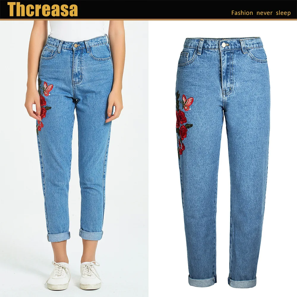 Европейские и американские женские джинсы с вышивкой брюки высокой талией