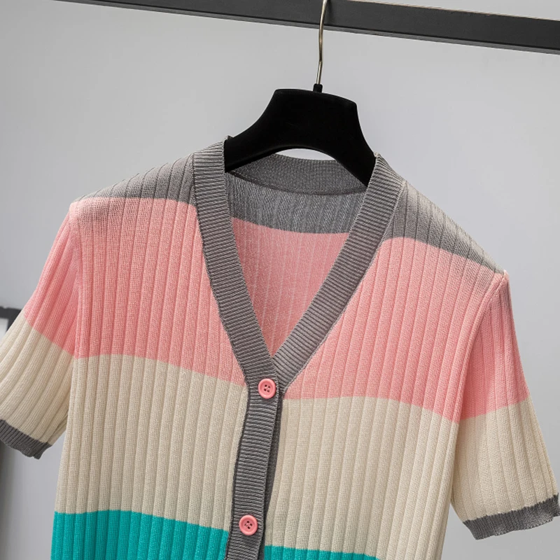 

Button Striped T Shirt Women 2021 Summer Top Patchwork Vintage Clothes Thin Knitted Short Sleeve Woman Tee Shirt Camisetas Mujer