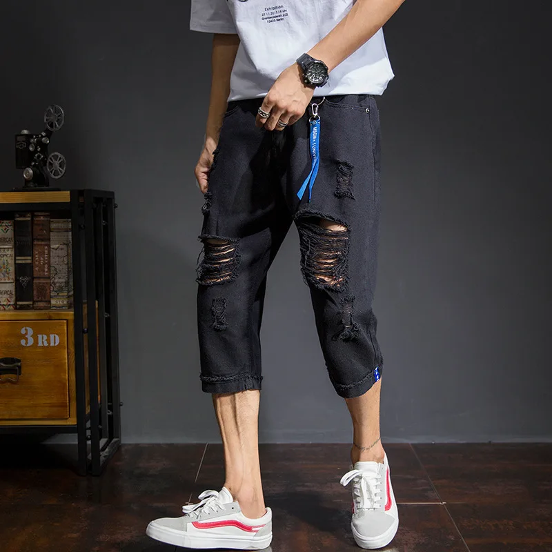

2021 2020 Fashion Summer White Black loose Hip hop Cargo Ripped Hole Solid Casual beggar teenagers Calf length pants