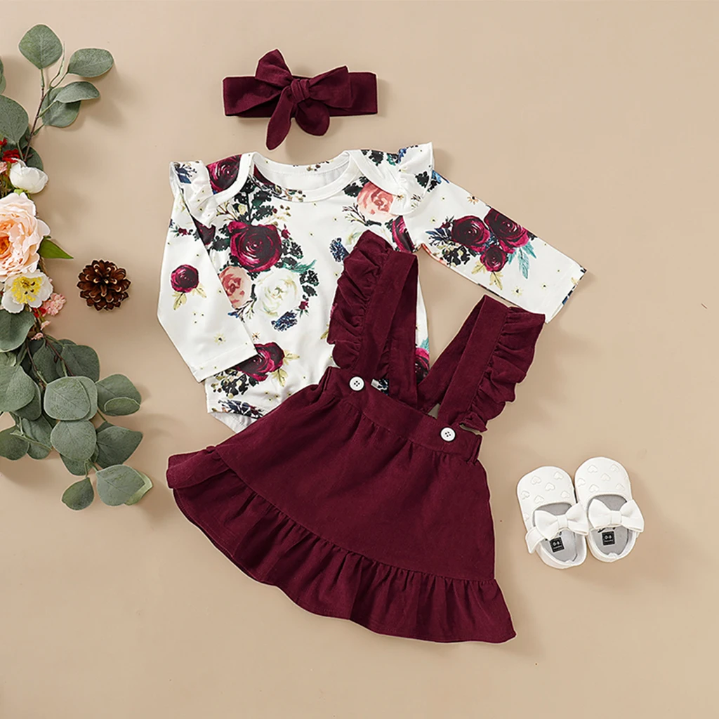 

3-piece Baby / Toddler Floral Print Bodysuit, Suspender Skirt and Headband Set