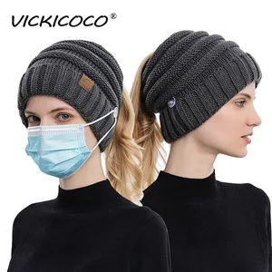 Winter Knitted Hats Ladies Hair Ponytail Caps Can Hang Masks Women Outdoor Warm Woolen Female Cap Sk in India