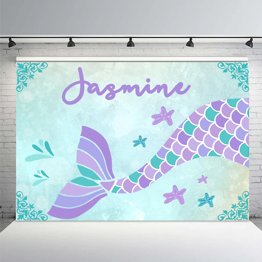

Girls Mermaid Birthday Party Backdrop for Photo Studio Custom Name Mint Theme Backgrounds Photocall 220x150cm