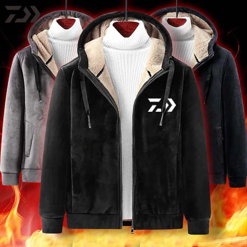 

Daiwa Fleece Fishing Jacket Men Autumn Winter Cotton Print Sport Fishing Clothes Long Sleeve Hooded Zipper Solid Coat