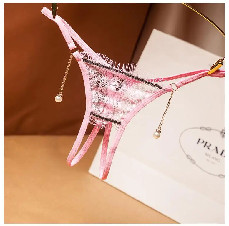 Flower Embroidery Net Yarn Open Crotch Sexy Panties For Women With Pearl Drop Pendant Thongs and G strings Underwear - Цвет: pink