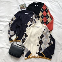 3 colors 2019 spring and autumn korean style color patchwork v neck plaid knittd cardigans womens sweaters womens x180