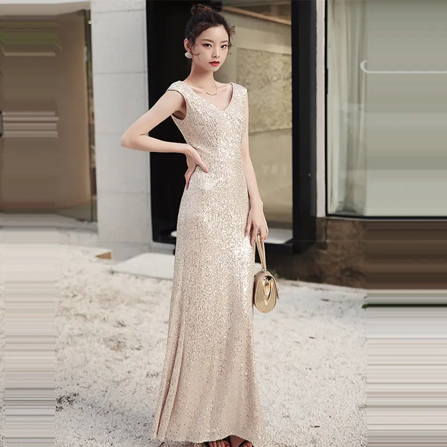 

Formal Dress Long Champagne Deep V-Neck Women Party Dresses K039 Plus Size Robe De Soiree 2019 Sequins Backless Evening Dresses