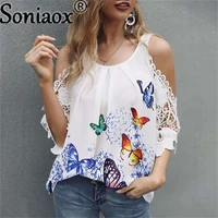 sexy summer half sleeve lace shirt women casual butterfly print o neck loose t shirt hollow out sling pullover tops