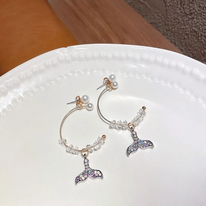 

JNP17 New Arrival Crystal Trendy Sparkly Mermaid Tail Earrings S925 Silver Needles C Shape Pearl Drop Earrings For Women Gifts