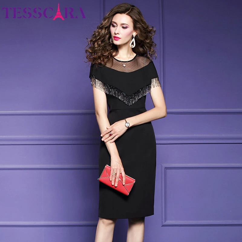TESSCARA Women Summer Luxury Beading Dress Festa High Quality Wedding Cocktail Party Robe Femme Vintage Designer Pencil Vestidos | Женская