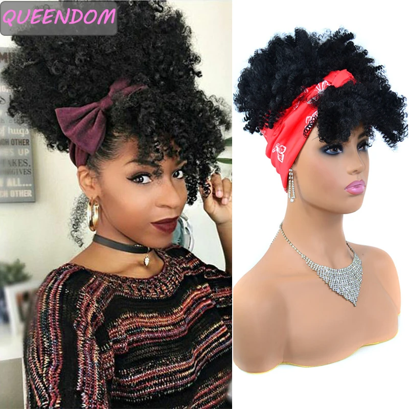 

Short Afro Kinky Curly Headband Wig Synthetic Turban Wrap Hair Wig with Puff Bangs Drawstring Headwrap Wig with Scarf for Women