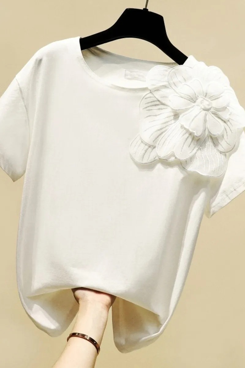 

New Summer Short Sleeve Women Cotton T-shirt Solid Color Patch Flower All-match Casual Female Pullovers Top
